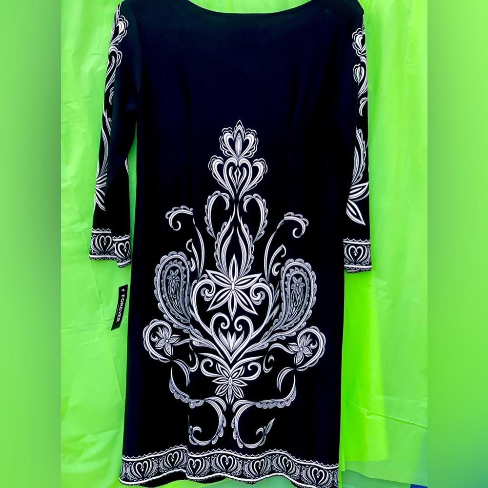 NWT Forever 21 Black Midi Dress with White Baroque Print
